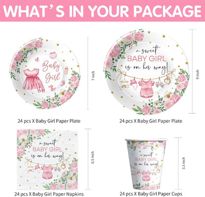 Baby Girl Baby Shower Decorations Supplies, Pink Floral, Serves 24