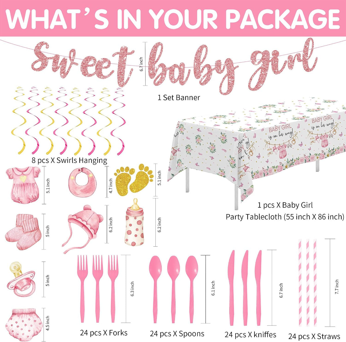 Baby Girl Baby Shower Decorations Supplies, Pink Floral, Serves 24