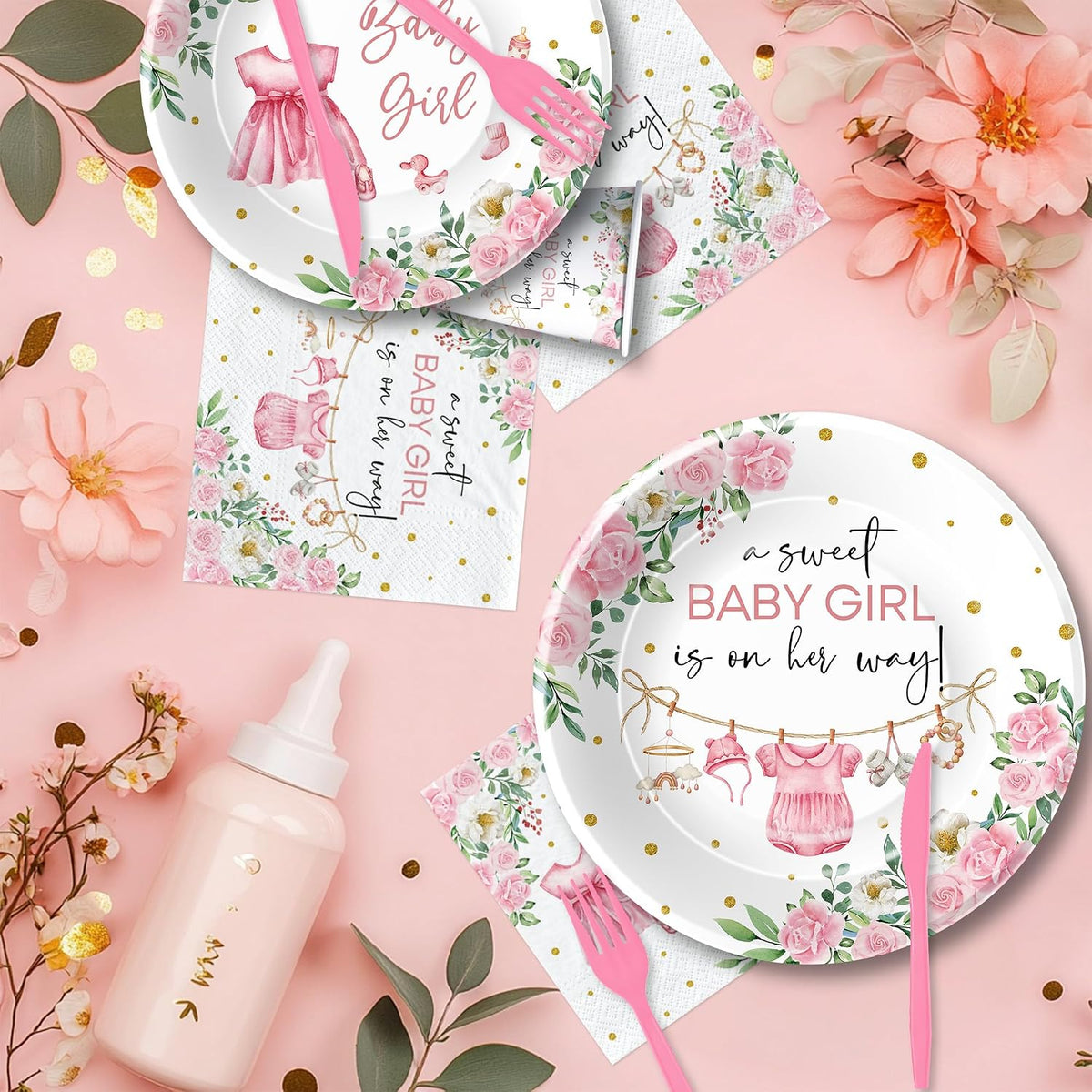 Baby Girl Baby Shower Decorations Supplies, Pink Floral, Serves 24