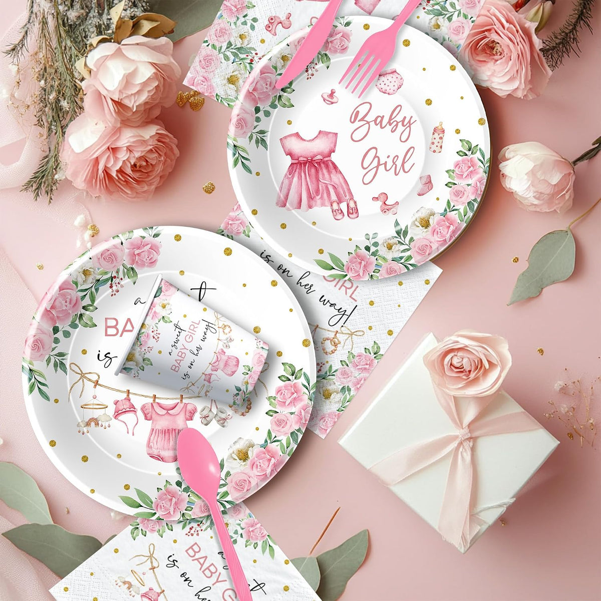 Baby Girl Baby Shower Decorations Supplies, Pink Floral, Serves 24