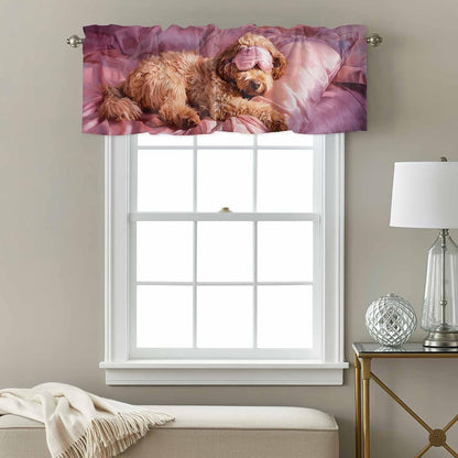 Sleeping Poodle Valance for Windows Eye Mask Animals Fluffy Fur Puppy Pink Kitchen Curtain Valances Window Treatment Short Topper Curtains for Kitchen Bathroom Living Room 1 Panel , 54x18 Inch