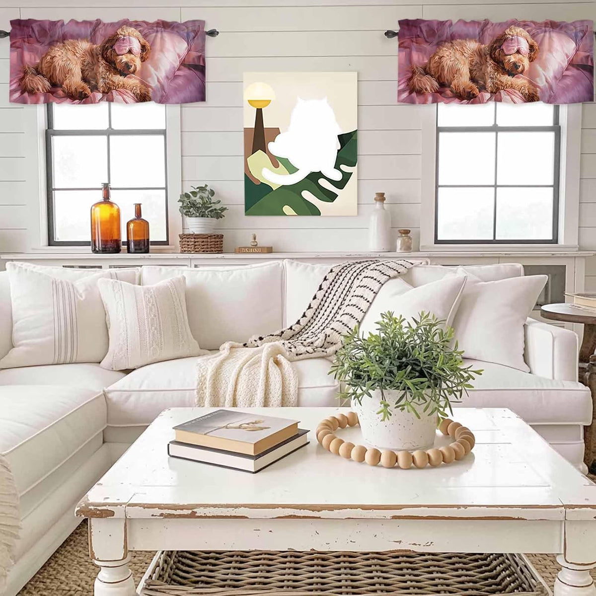Sleeping Poodle Valance for Windows Eye Mask Animals Fluffy Fur Puppy Pink Kitchen Curtain Valances Window Treatment Short Topper Curtains for Kitchen Bathroom Living Room 1 Panel , 54x18 Inch