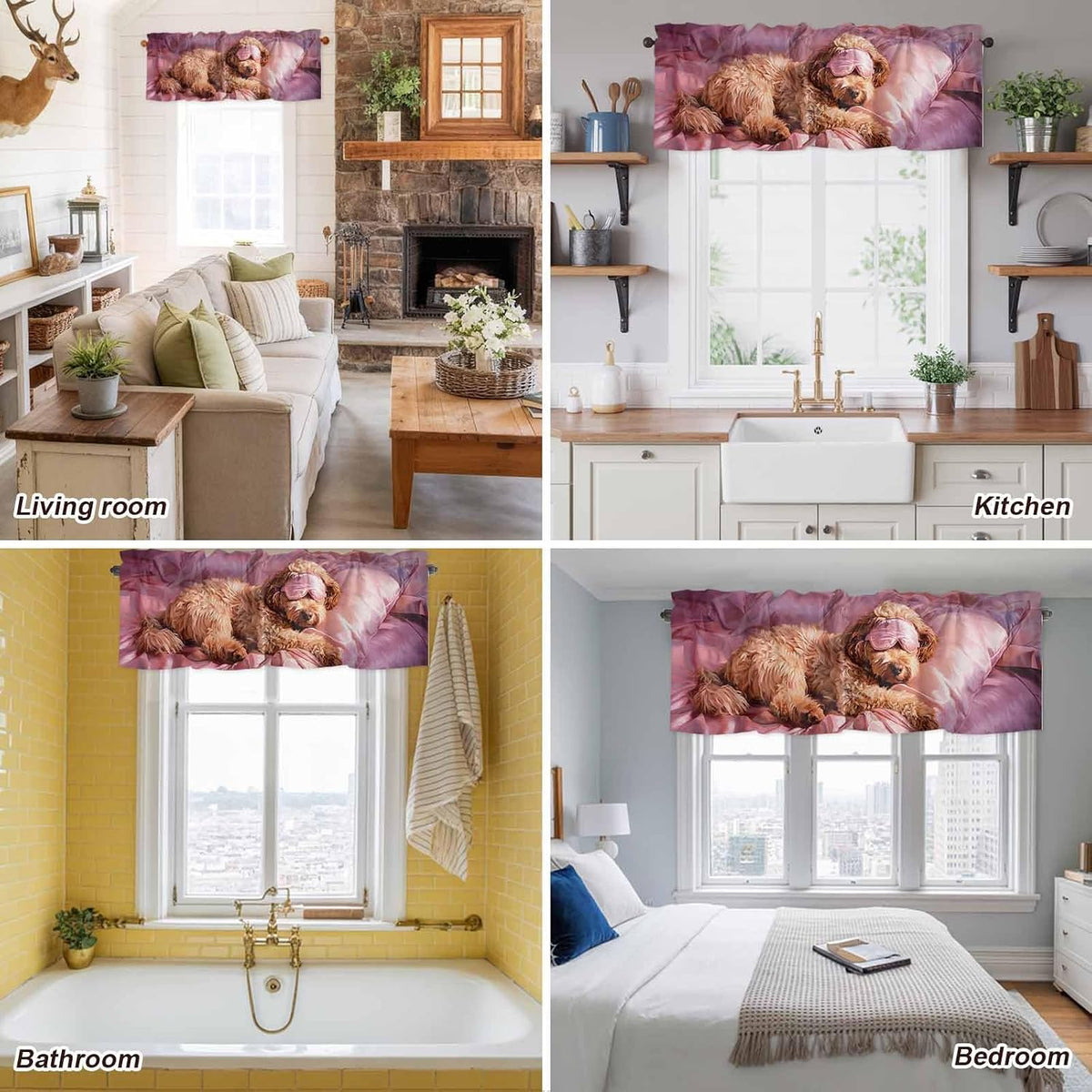 Sleeping Poodle Valance for Windows Eye Mask Animals Fluffy Fur Puppy Pink Kitchen Curtain Valances Window Treatment Short Topper Curtains for Kitchen Bathroom Living Room 1 Panel , 54x18 Inch