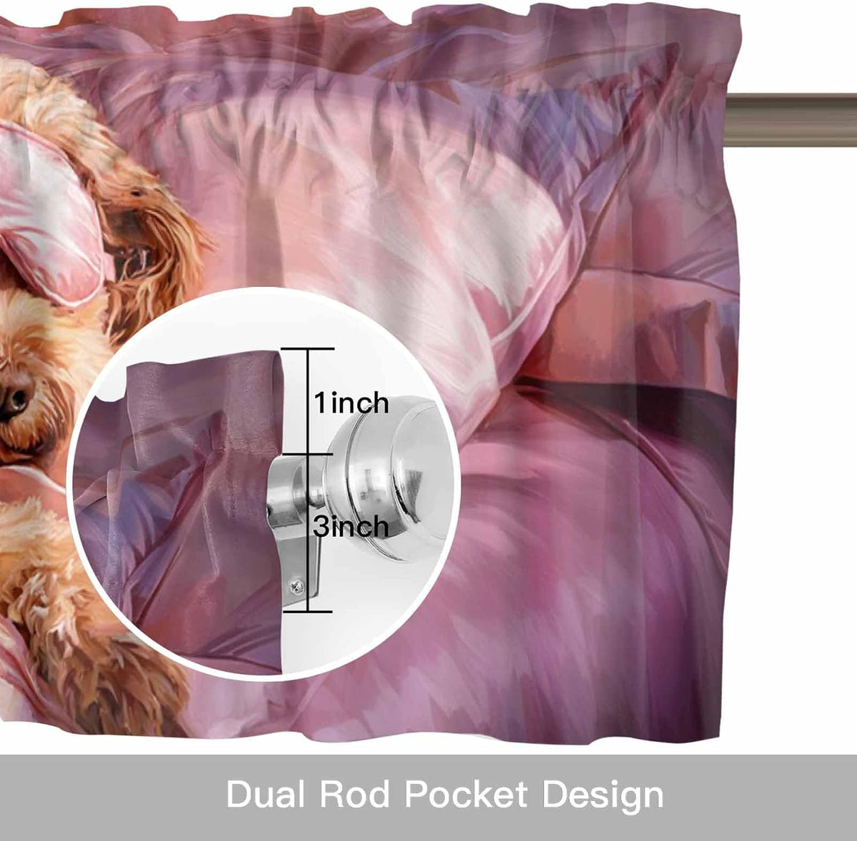 Sleeping Poodle Valance for Windows Eye Mask Animals Fluffy Fur Puppy Pink Kitchen Curtain Valances Window Treatment Short Topper Curtains for Kitchen Bathroom Living Room 1 Panel , 54x18 Inch