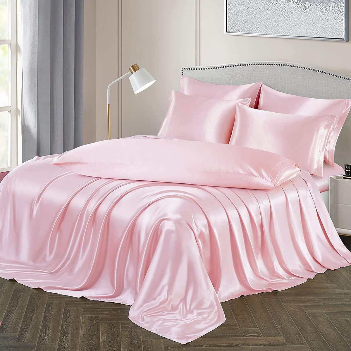 7 Pieces Silk Satin Sheets Set Full Size, Rust Blush Pink Color with 1 Fitted Sheet Deep Pocket Upto 15 inch, 1 Soft Flat Sheet, 4 Queen Pillowcases and 1 Body Pillowcase