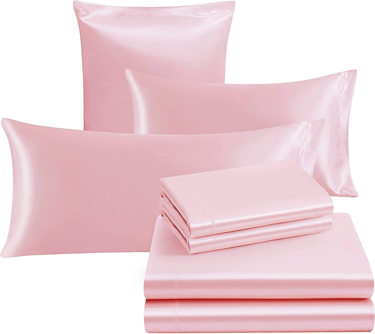 7 Pieces Silk Satin Sheets Set Full Size, Rust Blush Pink Color with 1 Fitted Sheet Deep Pocket Upto 15 inch, 1 Soft Flat Sheet, 4 Queen Pillowcases and 1 Body Pillowcase
