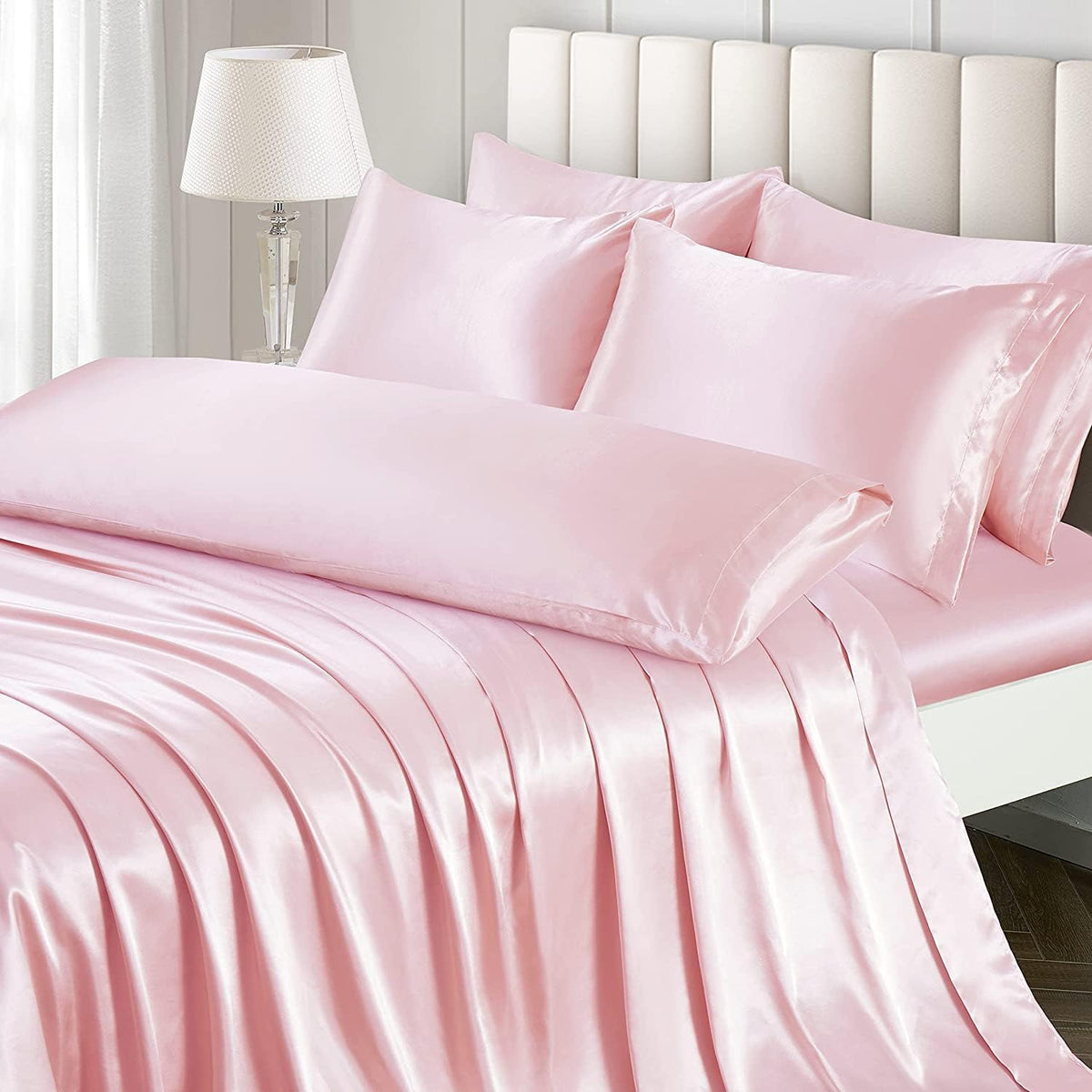 7 Pieces Silk Satin Sheets Set Full Size, Rust Blush Pink Color with 1 Fitted Sheet Deep Pocket Upto 15 inch, 1 Soft Flat Sheet, 4 Queen Pillowcases and 1 Body Pillowcase