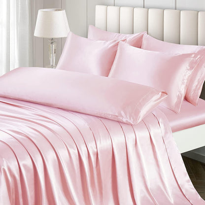 7 Pieces Silk Satin Sheets Set Full Size, Rust Blush Pink Color with 1 Fitted Sheet Deep Pocket Upto 15 inch, 1 Soft Flat Sheet, 4 Queen Pillowcases and 1 Body Pillowcase
