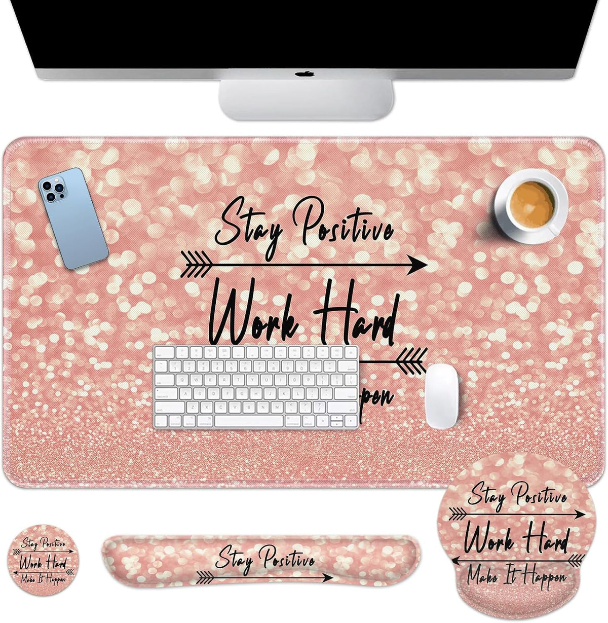 Keyboard Mouse Pad Set, 4 in 1 Desk Mat Set Rose Gold