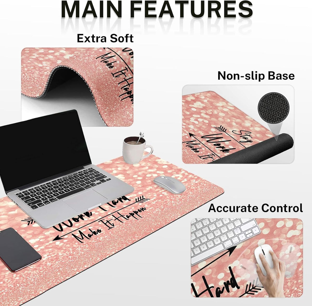 Keyboard Mouse Pad Set, 4 in 1 Desk Mat Set Rose Gold