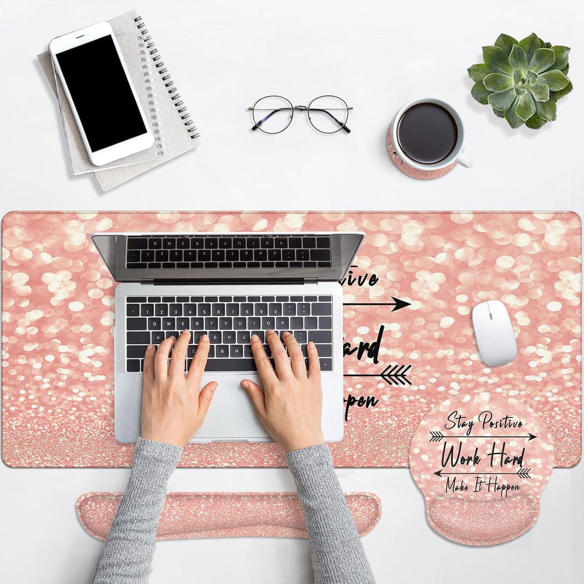 Keyboard Mouse Pad Set, 4 in 1 Desk Mat Set Rose Gold