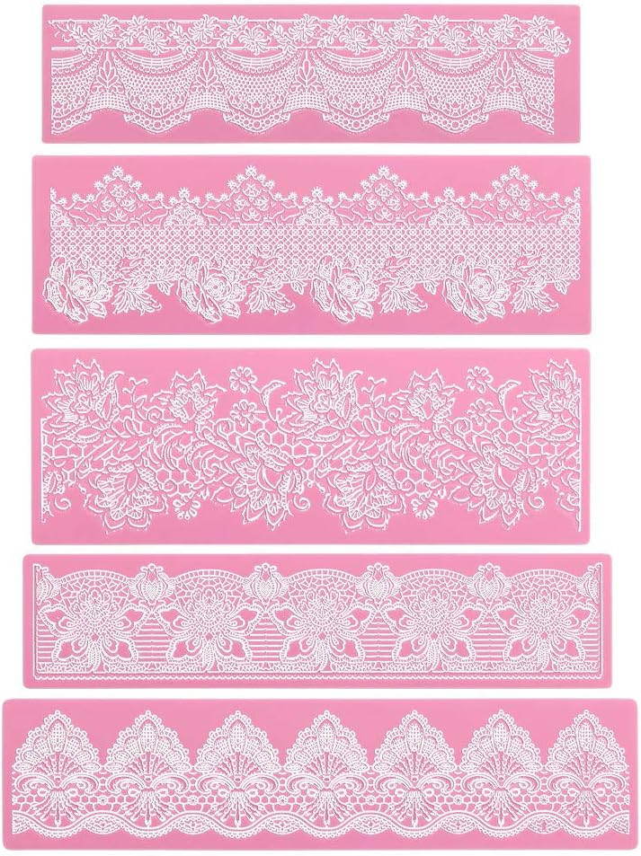 Lace Molds for Cake Decorating, 5pcs Silicone Fondant Lace Mats Pink Flower Pattern Silicone Molds for sugar lace Craft Tools