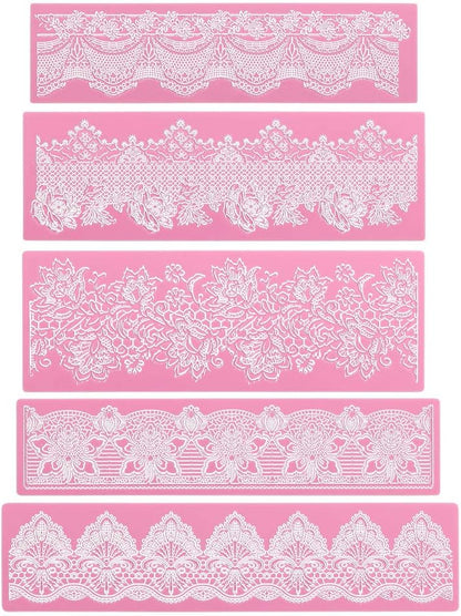 Lace Molds for Cake Decorating, 5pcs Silicone Fondant Lace Mats Pink Flower Pattern Silicone Molds for sugar lace Craft Tools