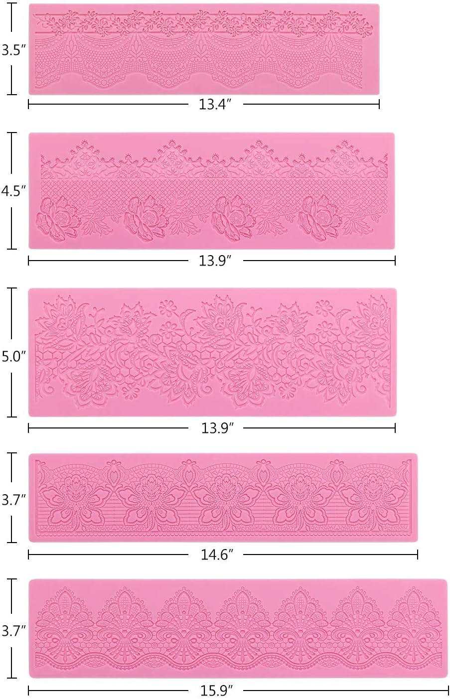 Lace Molds for Cake Decorating, 5pcs Silicone Fondant Lace Mats Pink Flower Pattern Silicone Molds for sugar lace Craft Tools