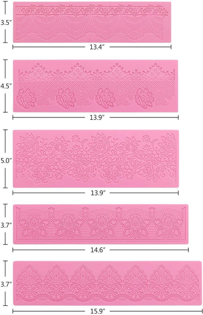 Lace Molds for Cake Decorating, 5pcs Silicone Fondant Lace Mats Pink Flower Pattern Silicone Molds for sugar lace Craft Tools