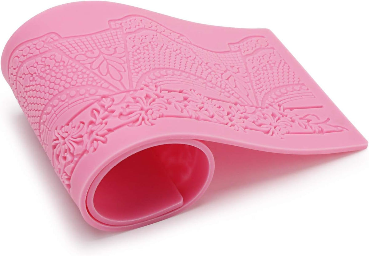 Lace Molds for Cake Decorating, 5pcs Silicone Fondant Lace Mats Pink Flower Pattern Silicone Molds for sugar lace Craft Tools