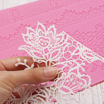 Lace Molds for Cake Decorating, 5pcs Silicone Fondant Lace Mats Pink Flower Pattern Silicone Molds for sugar lace Craft Tools