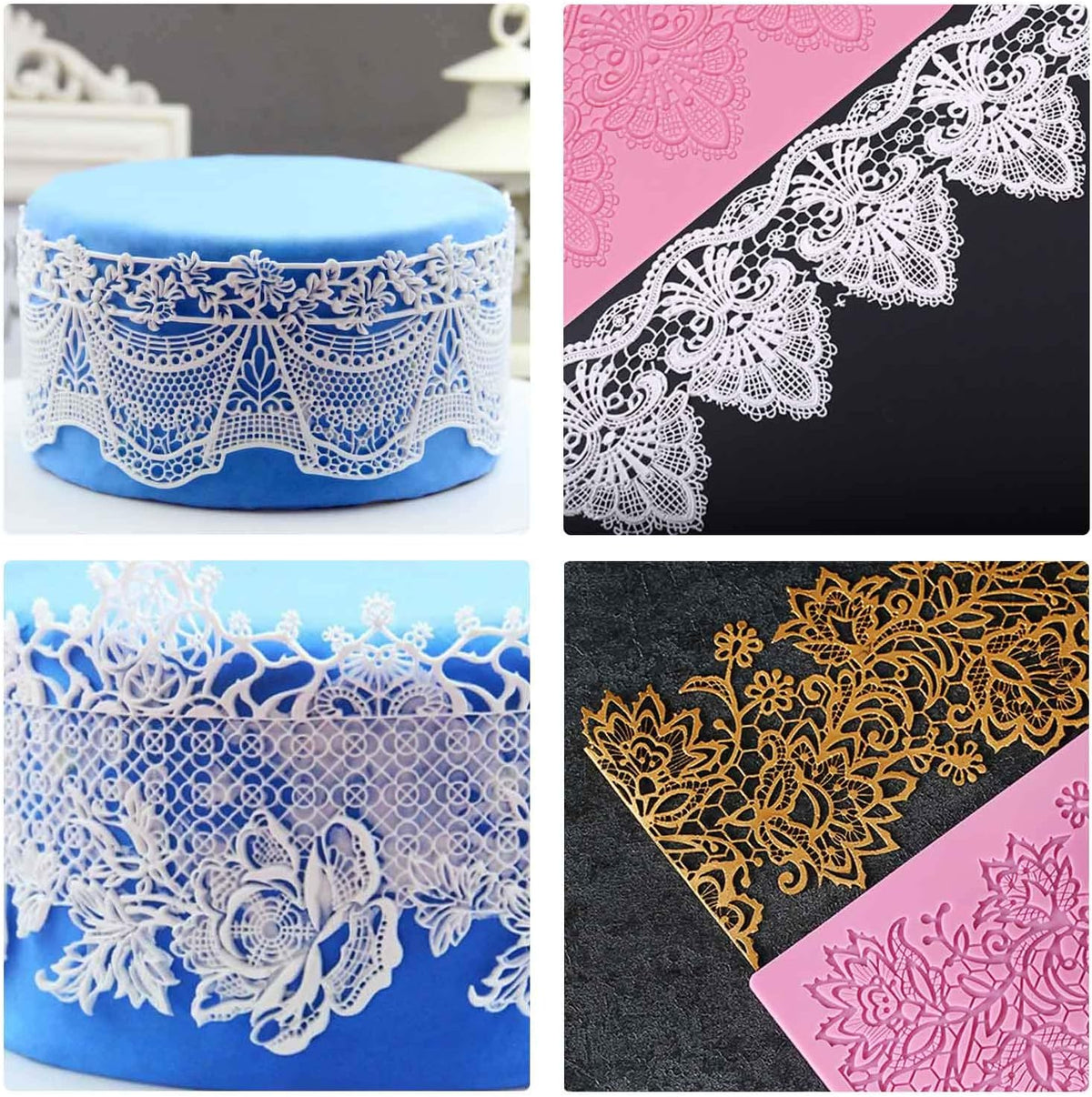Lace Molds for Cake Decorating, 5pcs Silicone Fondant Lace Mats Pink Flower Pattern Silicone Molds for sugar lace Craft Tools