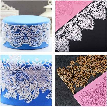 Lace Molds for Cake Decorating, 5pcs Silicone Fondant Lace Mats Pink Flower Pattern Silicone Molds for sugar lace Craft Tools