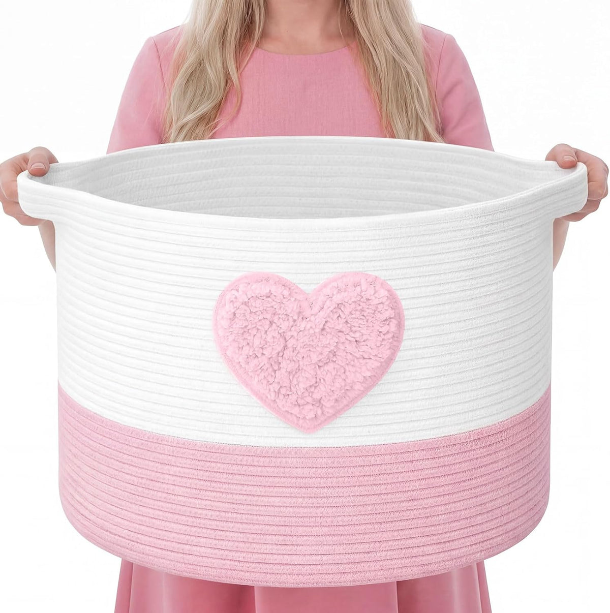 Pink Heart Extra Large Cotton Rope Basket 20"x14", Embroidered Woven Baby Laundry Blanket Basket Box with Handle Storage, Blanket Storage for Living Nursery Pillows Laundry Baby Toy Chest