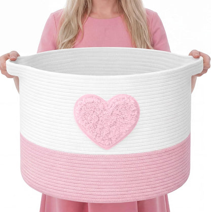 Pink Heart Extra Large Cotton Rope Basket 20"x14", Embroidered Woven Baby Laundry Blanket Basket Box with Handle Storage, Blanket Storage for Living Nursery Pillows Laundry Baby Toy Chest
