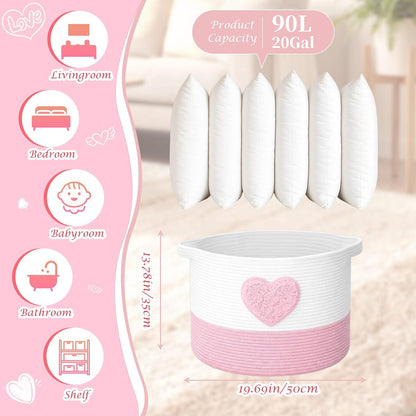 Pink Heart Extra Large Cotton Rope Basket 20"x14", Embroidered Woven Baby Laundry Blanket Basket Box with Handle Storage, Blanket Storage for Living Nursery Pillows Laundry Baby Toy Chest