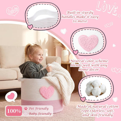 Pink Heart Extra Large Cotton Rope Basket 20"x14", Embroidered Woven Baby Laundry Blanket Basket Box with Handle Storage, Blanket Storage for Living Nursery Pillows Laundry Baby Toy Chest