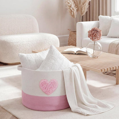 Pink Heart Extra Large Cotton Rope Basket 20"x14", Embroidered Woven Baby Laundry Blanket Basket Box with Handle Storage, Blanket Storage for Living Nursery Pillows Laundry Baby Toy Chest