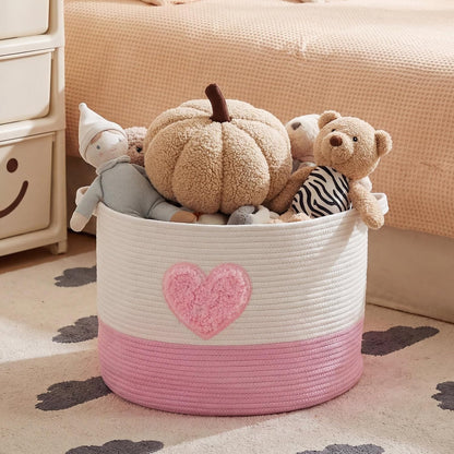 Pink Heart Extra Large Cotton Rope Basket 20"x14", Embroidered Woven Baby Laundry Blanket Basket Box with Handle Storage, Blanket Storage for Living Nursery Pillows Laundry Baby Toy Chest