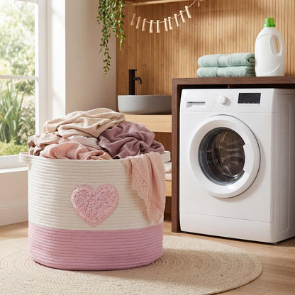 Pink Heart Extra Large Cotton Rope Basket 20"x14", Embroidered Woven Baby Laundry Blanket Basket Box with Handle Storage, Blanket Storage for Living Nursery Pillows Laundry Baby Toy Chest