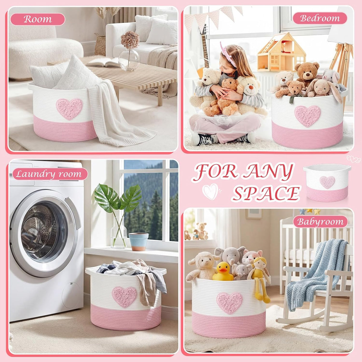 Pink Heart Extra Large Cotton Rope Basket 20"x14", Embroidered Woven Baby Laundry Blanket Basket Box with Handle Storage, Blanket Storage for Living Nursery Pillows Laundry Baby Toy Chest