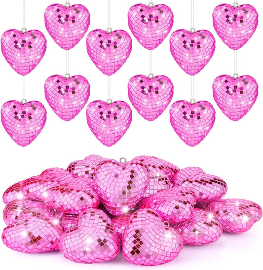 24 Pcs Heart Hanging Ornaments for Mother's Day Wedding Tree Disco Balls Mirror Disco Ball Decor Baubles Plastic Heart Decoration for Wedding Party Mother's Day Supplies (Pink)
