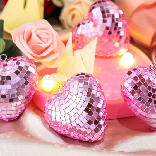 24 Pcs Heart Hanging Ornaments for Mother's Day Wedding Tree Disco Balls Mirror Disco Ball Decor Baubles Plastic Heart Decoration for Wedding Party Mother's Day Supplies (Pink)
