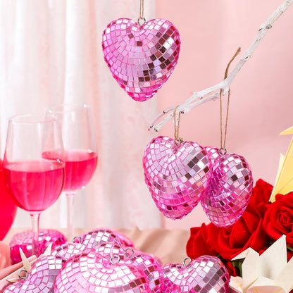 24 Pcs Heart Hanging Ornaments for Mother's Day Wedding Tree Disco Balls Mirror Disco Ball Decor Baubles Plastic Heart Decoration for Wedding Party Mother's Day Supplies (Pink)