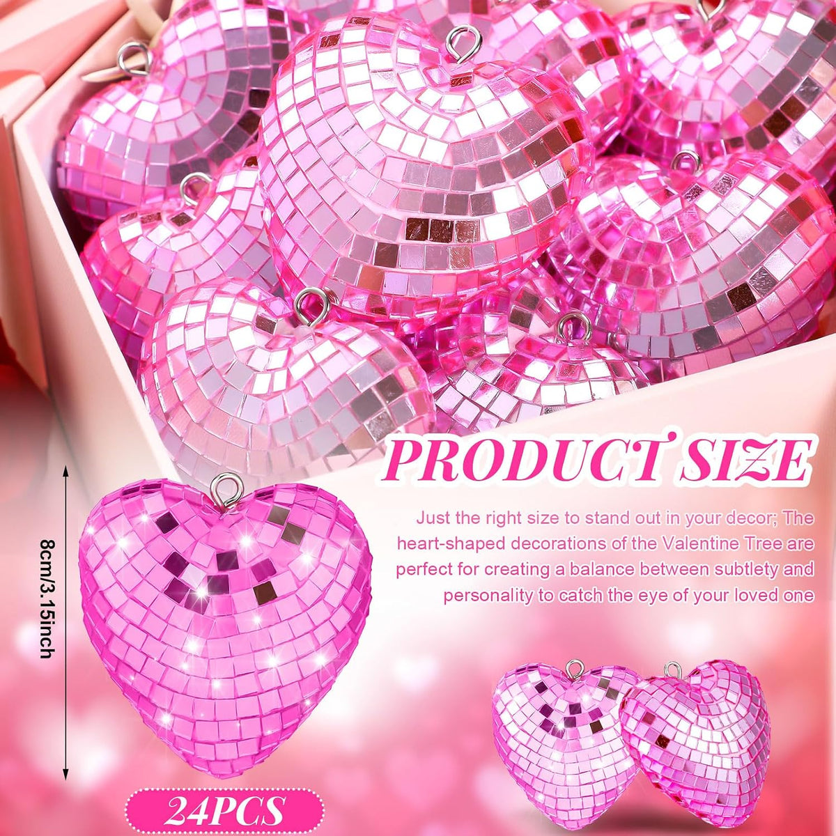 24 Pcs Heart Hanging Ornaments for Mother's Day Wedding Tree Disco Balls Mirror Disco Ball Decor Baubles Plastic Heart Decoration for Wedding Party Mother's Day Supplies (Pink)