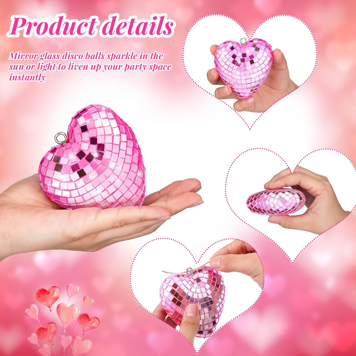 24 Pcs Heart Hanging Ornaments for Mother's Day Wedding Tree Disco Balls Mirror Disco Ball Decor Baubles Plastic Heart Decoration for Wedding Party Mother's Day Supplies (Pink)