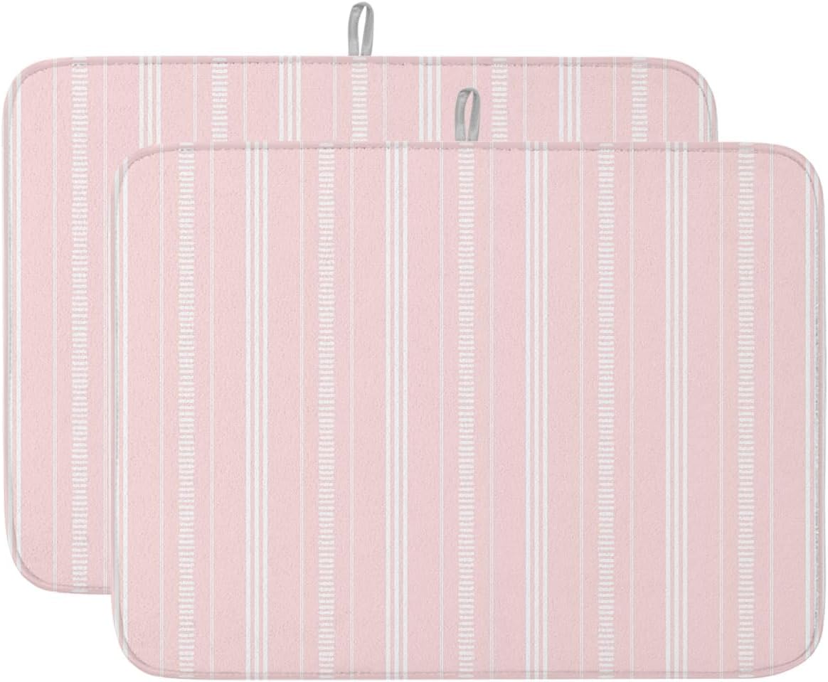 Pink Stripes Dish Drying Mat 2 Pack, Classic Minimalist Stripe Modern Geometric Absorbent Heat Insulating Kitchen Drying Pad Drainer Mats for Sink Counter Pot Dishes 18 X 24 Inch