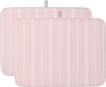 Pink Stripes Dish Drying Mat 2 Pack, Classic Minimalist Stripe Modern Geometric Absorbent Heat Insulating Kitchen Drying Pad Drainer Mats for Sink Counter Pot Dishes 18 X 24 Inch