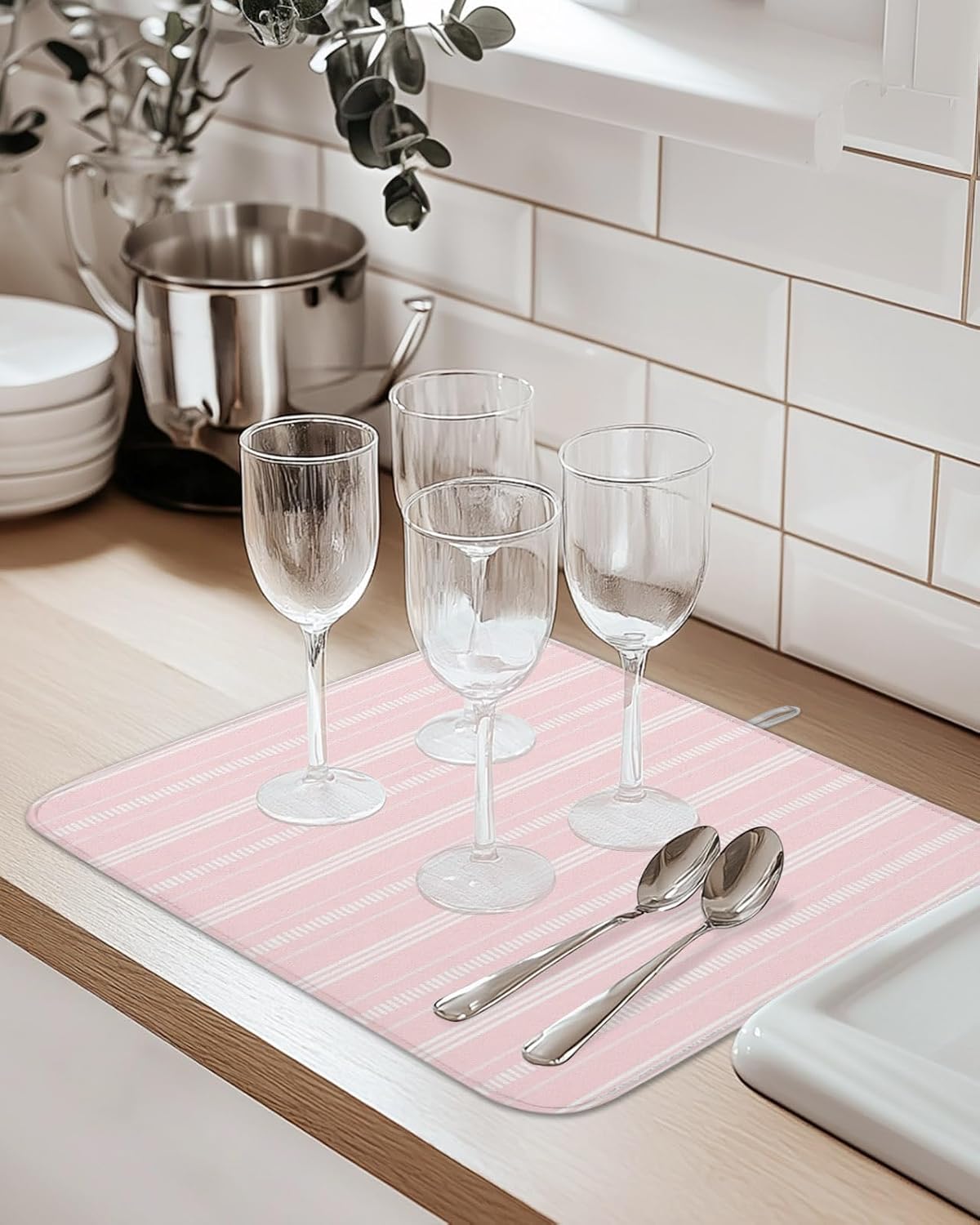 Pink Stripes Dish Drying Mat 2 Pack, Classic Minimalist Stripe Modern Geometric Absorbent Heat Insulating Kitchen Drying Pad Drainer Mats for Sink Counter Pot Dishes 18 X 24 Inch
