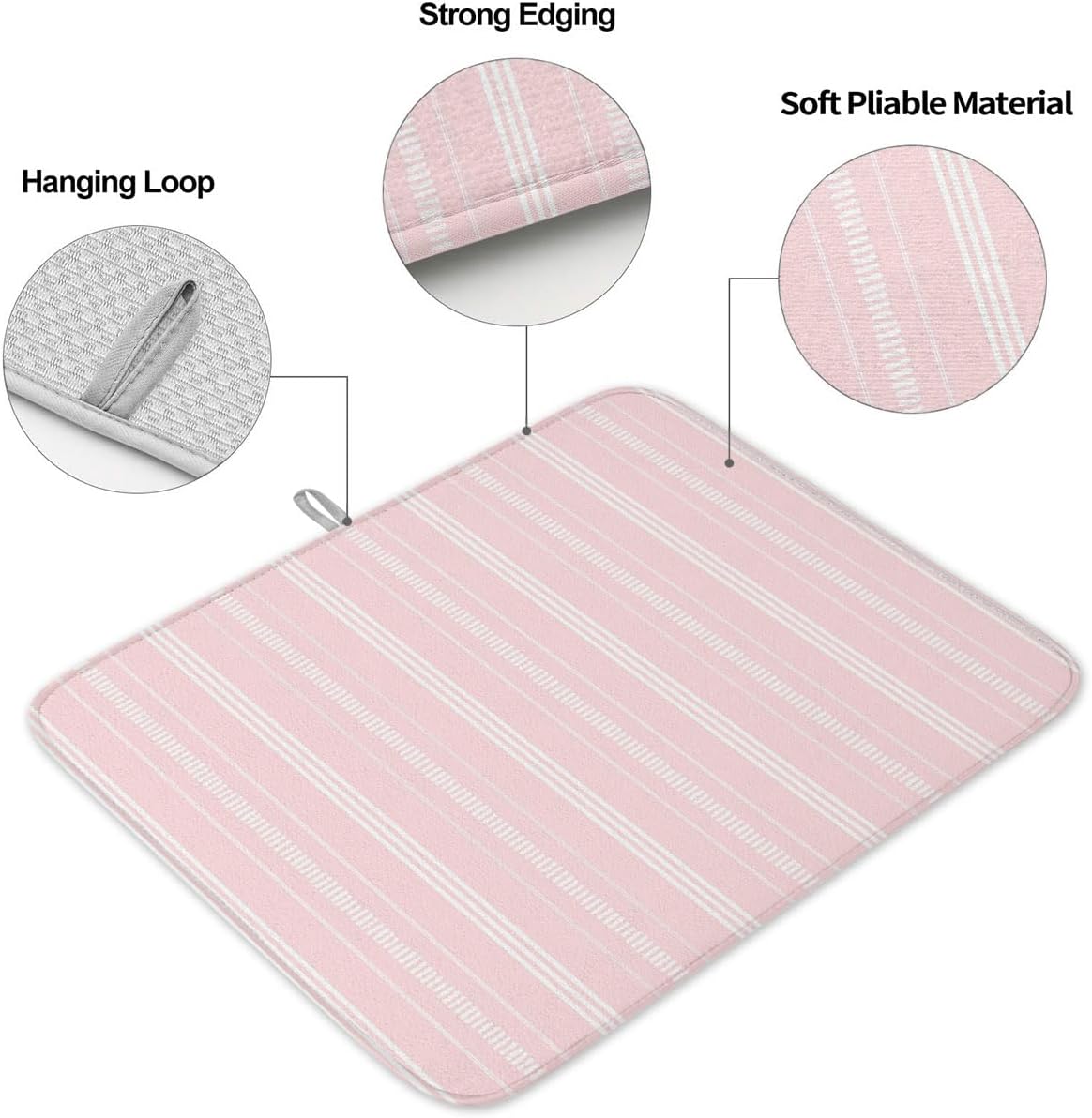 Pink Stripes Dish Drying Mat 2 Pack, Classic Minimalist Stripe Modern Geometric Absorbent Heat Insulating Kitchen Drying Pad Drainer Mats for Sink Counter Pot Dishes 18 X 24 Inch