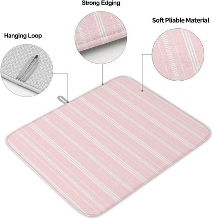 Pink Stripes Dish Drying Mat 2 Pack, Classic Minimalist Stripe Modern Geometric Absorbent Heat Insulating Kitchen Drying Pad Drainer Mats for Sink Counter Pot Dishes 18 X 24 Inch