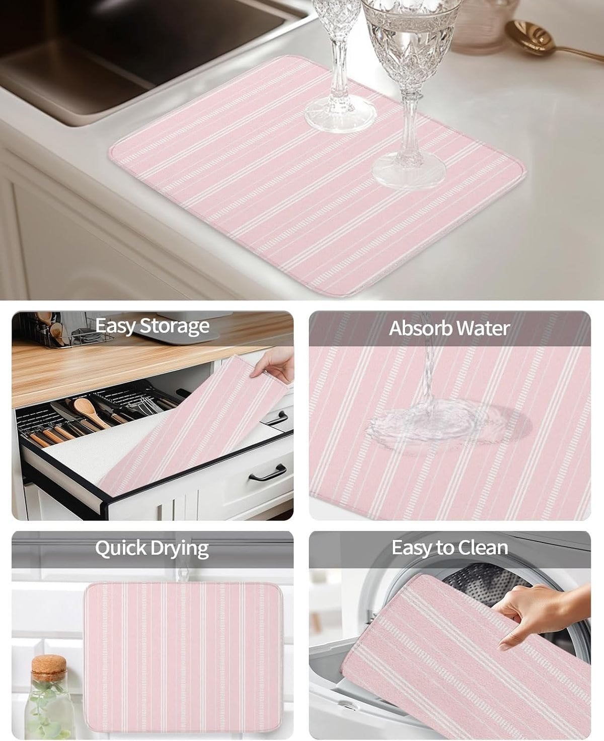 Pink Stripes Dish Drying Mat 2 Pack, Classic Minimalist Stripe Modern Geometric Absorbent Heat Insulating Kitchen Drying Pad Drainer Mats for Sink Counter Pot Dishes 18 X 24 Inch