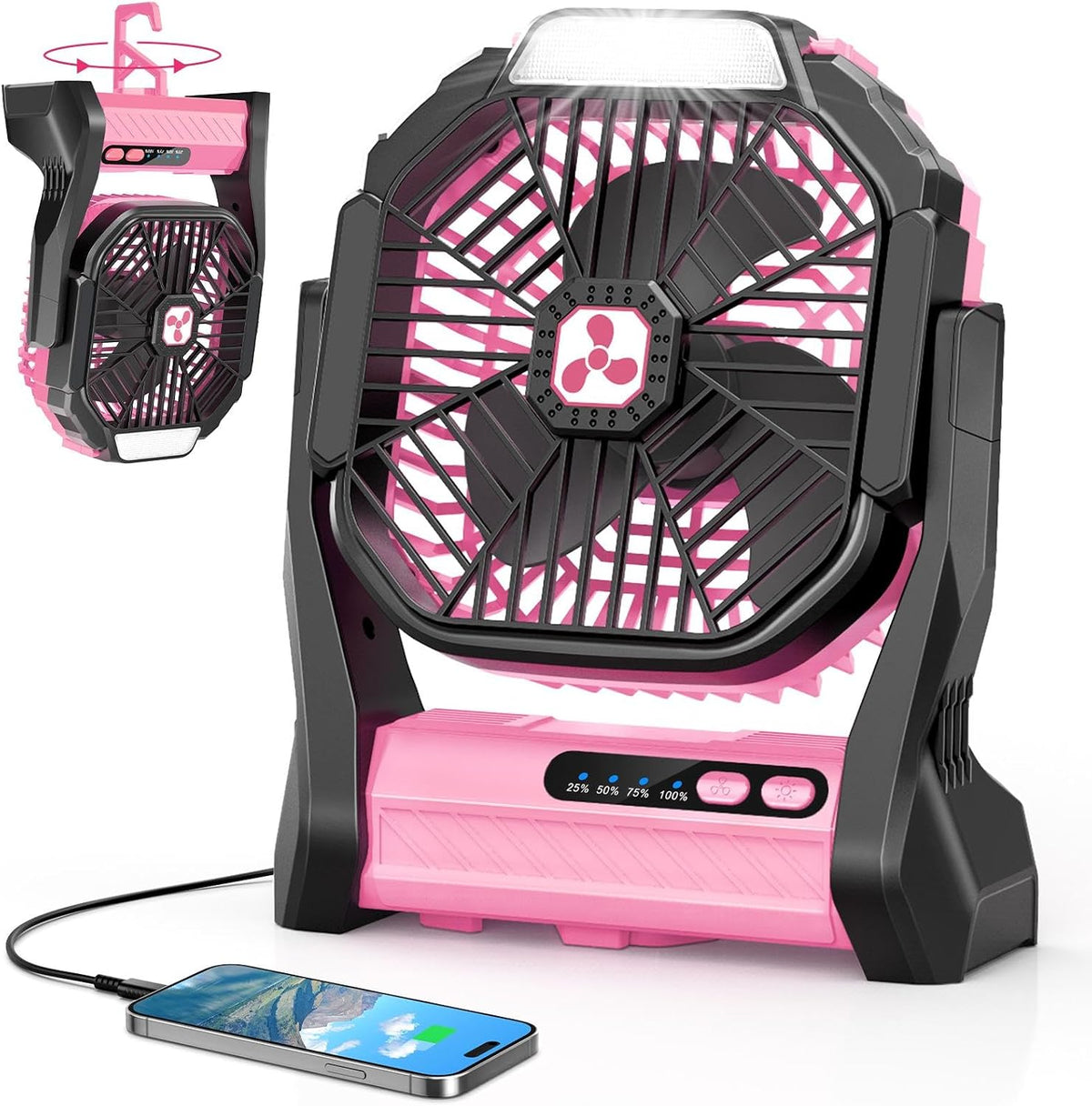Portable Rechargeable Fan, 20000mAh Cordless Battery Powered Camping Tent Fans with LED Lantern, Operated Outdoor Ventiladores for Travel Camp Fishing Office Home Essentials