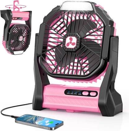 Portable Rechargeable Fan, 20000mAh Cordless Battery Powered Camping Tent Fans with LED Lantern, Operated Outdoor Ventiladores for Travel Camp Fishing Office Home Essentials