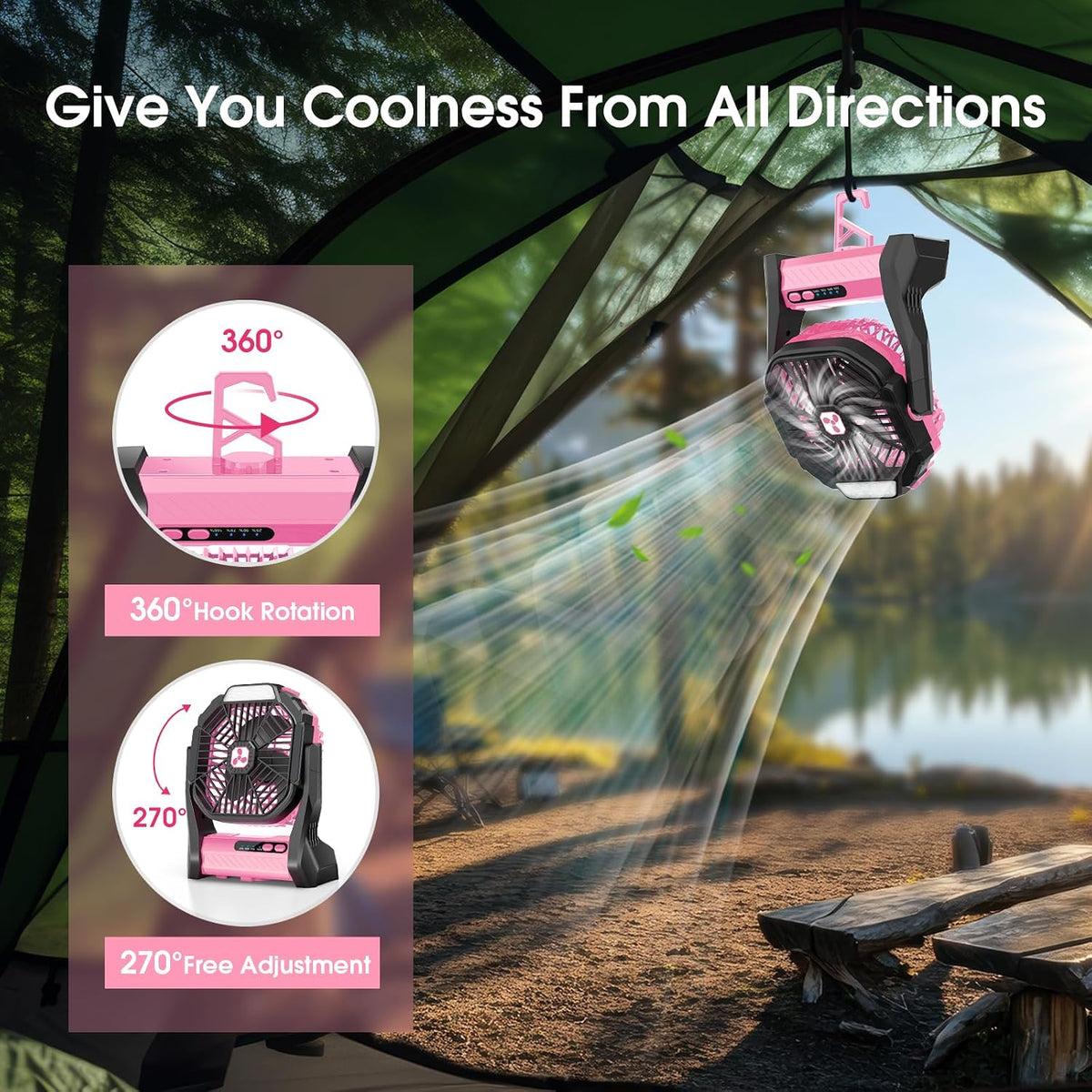 Portable Rechargeable Fan, 20000mAh Cordless Battery Powered Camping Tent Fans with LED Lantern, Operated Outdoor Ventiladores for Travel Camp Fishing Office Home Essentials
