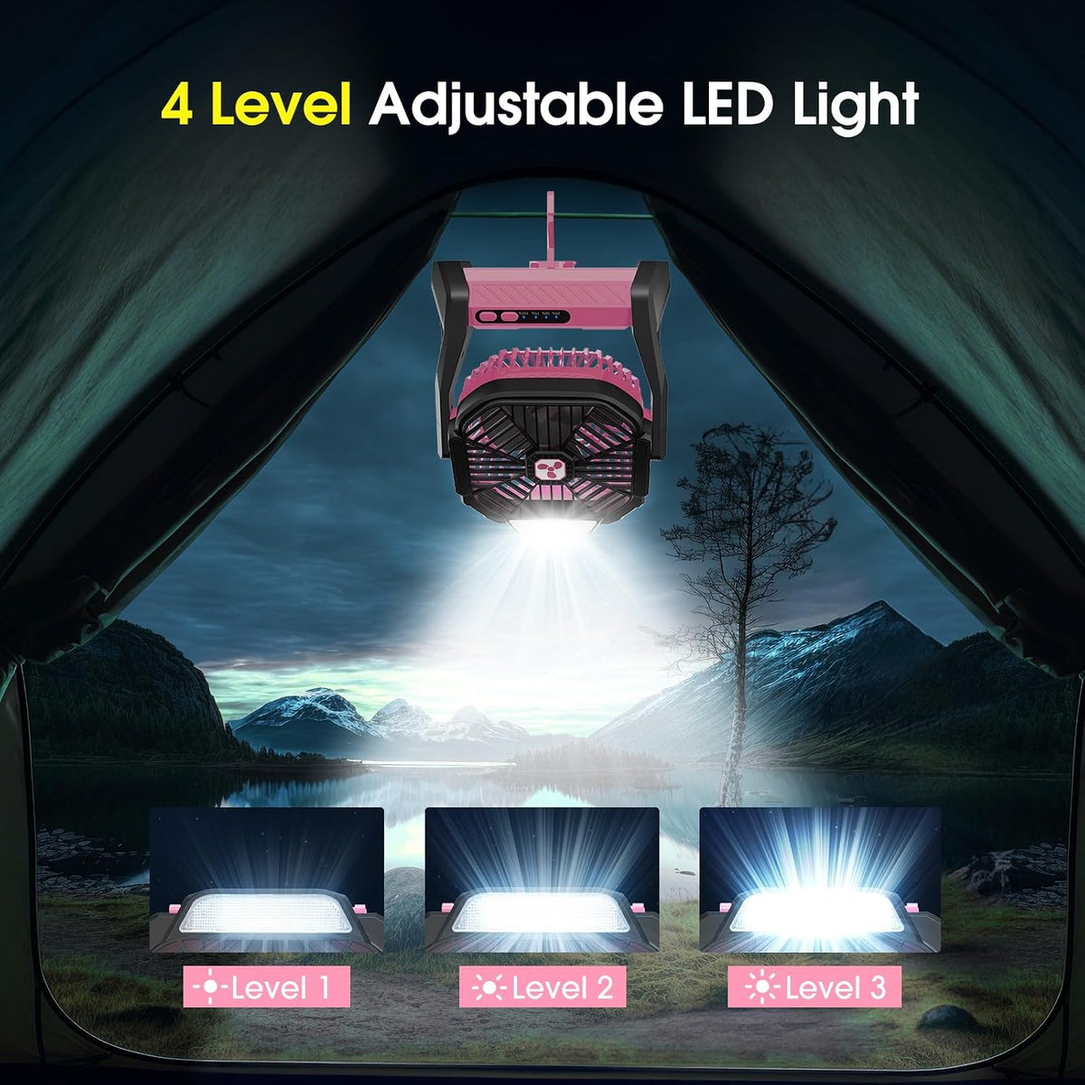 Portable Rechargeable Fan, 20000mAh Cordless Battery Powered Camping Tent Fans with LED Lantern, Operated Outdoor Ventiladores for Travel Camp Fishing Office Home Essentials