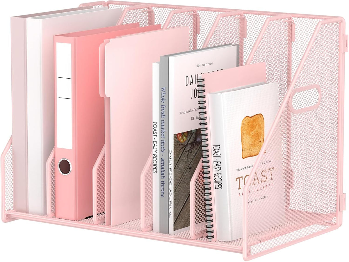 Desk File Organizer Folder Holder with 5 Vertical for Office, Pink