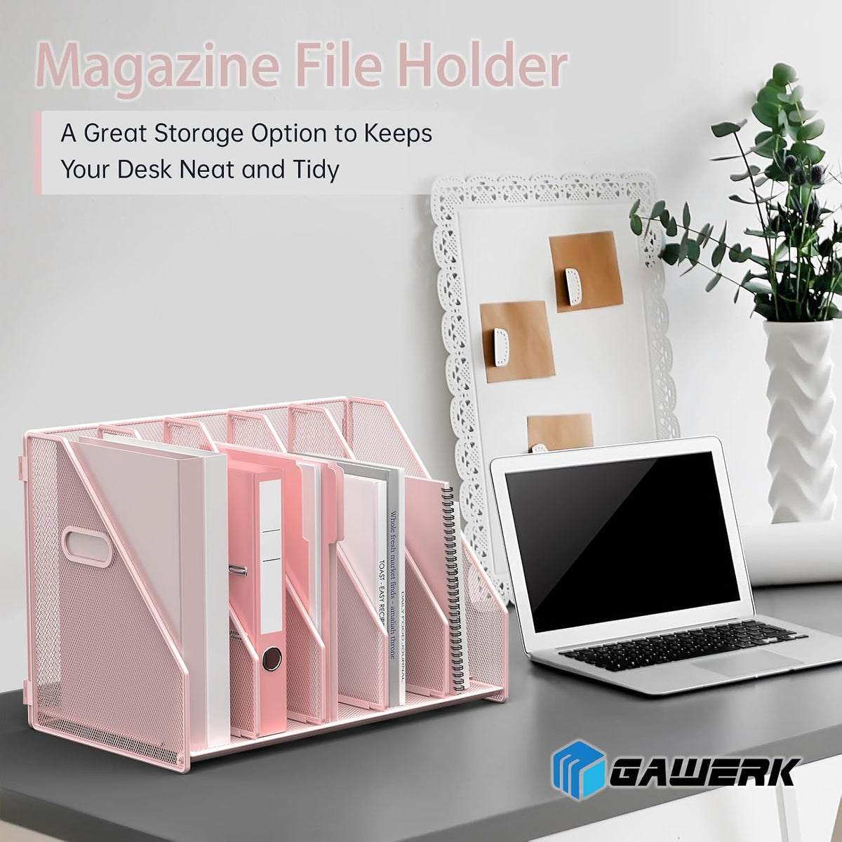 Desk File Organizer Folder Holder with 5 Vertical for Office, Pink