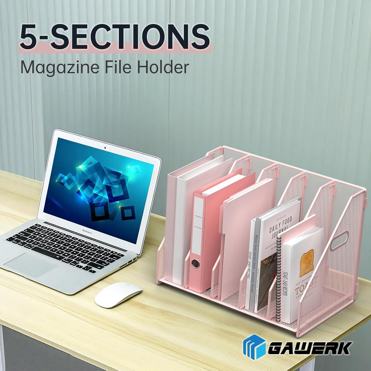 Desk File Organizer Folder Holder with 5 Vertical for Office, Pink