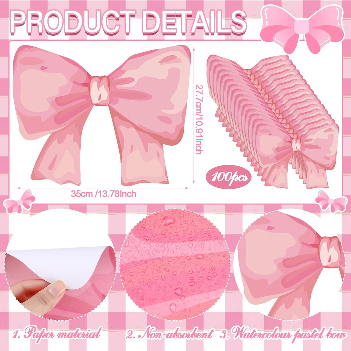 Disposable Bow Placemats Coquette Bow Table Mats Slice 13.8 Inches Decorative Paper Placemats for Birthday Bridal Wedding Party Table Setting(Pink,100 Pack)